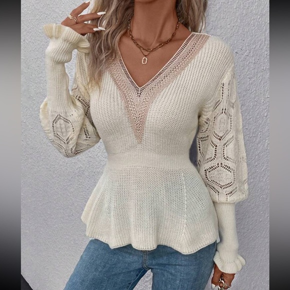 Comfy Sheer Mesh Crochet Guipure Lace Cuff Long Sleeve Peplum Knit Sweater - Picture 4 of 5